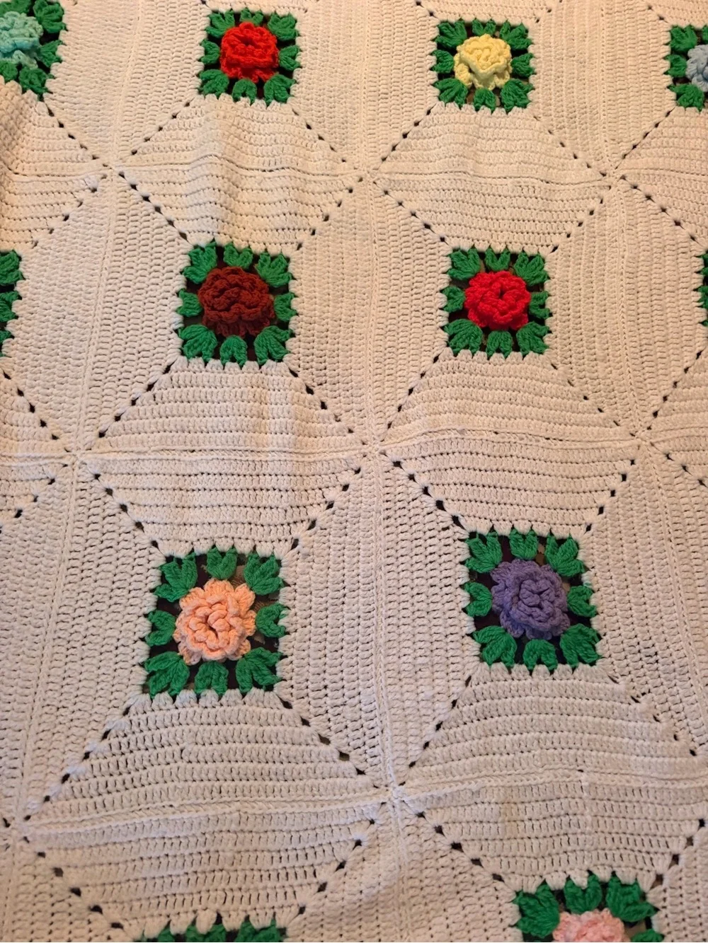Vintage Handmade Crochet Floral Square Throw Blanket